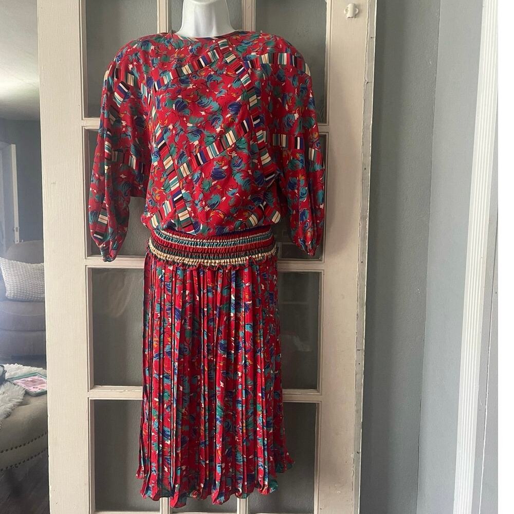 Vintage 80s Susan Freis Dress Floral Stripe Shoulder Pad Pleated Skirt Outfit